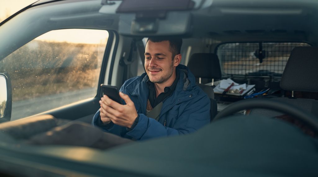 A tradesman in his work van smiles as he reads a text message on his phone.