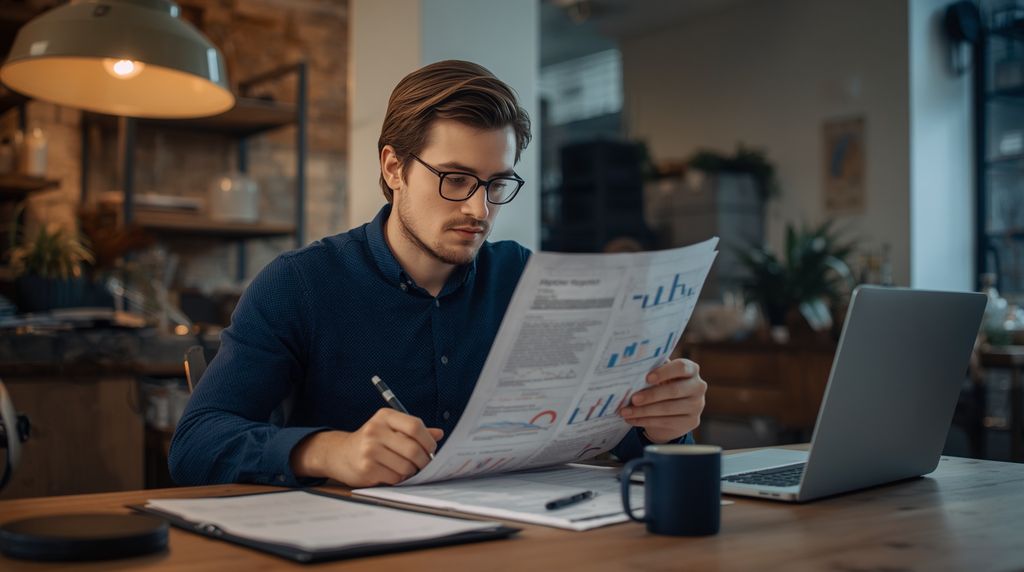 A business owner reads a printed report and marks it with a pen, a laptop beside him.