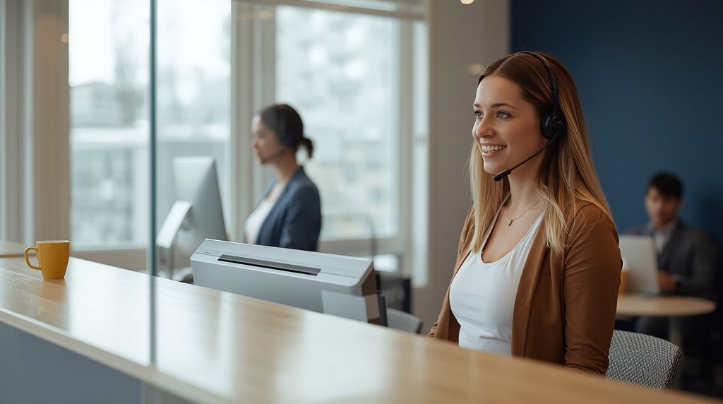 A receptionist wearing a headset smiles while taking a call at the front desk of a bright office.