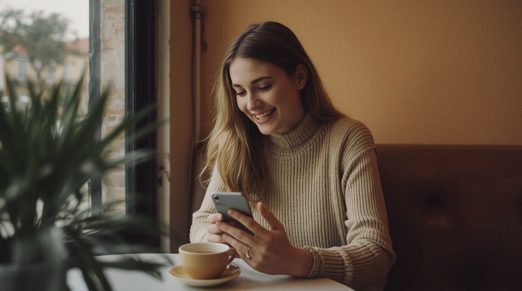 A woman at a cafe table smiles at her phone, a cup of coffee in front of her.