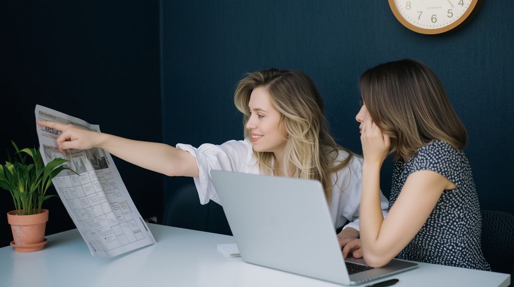 Two people at a table plan their week, one pointing at a printed schedule.