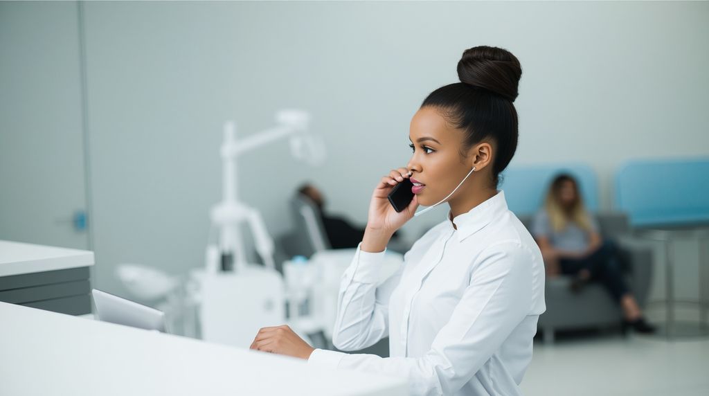 A dental office receptionist takes a call while a patient waits behind her.
