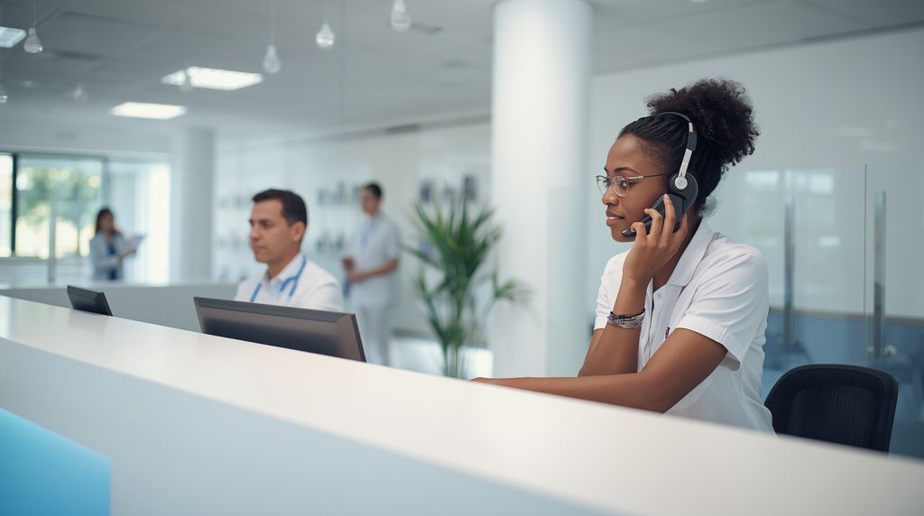 A clinic receptionist in a headset takes a call at the front desk while staff work behind her.