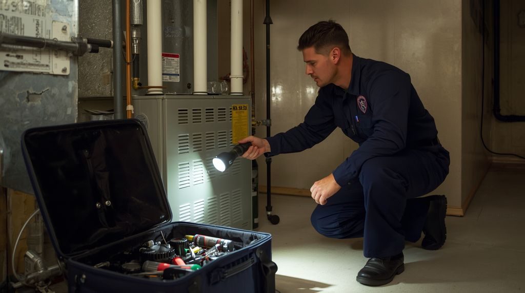 An HVAC technician checks a furnace with a flashlight, his tool bag open beside him.