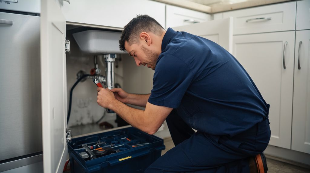 A plumber kneels at an open kitchen sink cabinet, tightening a pipe fitting.