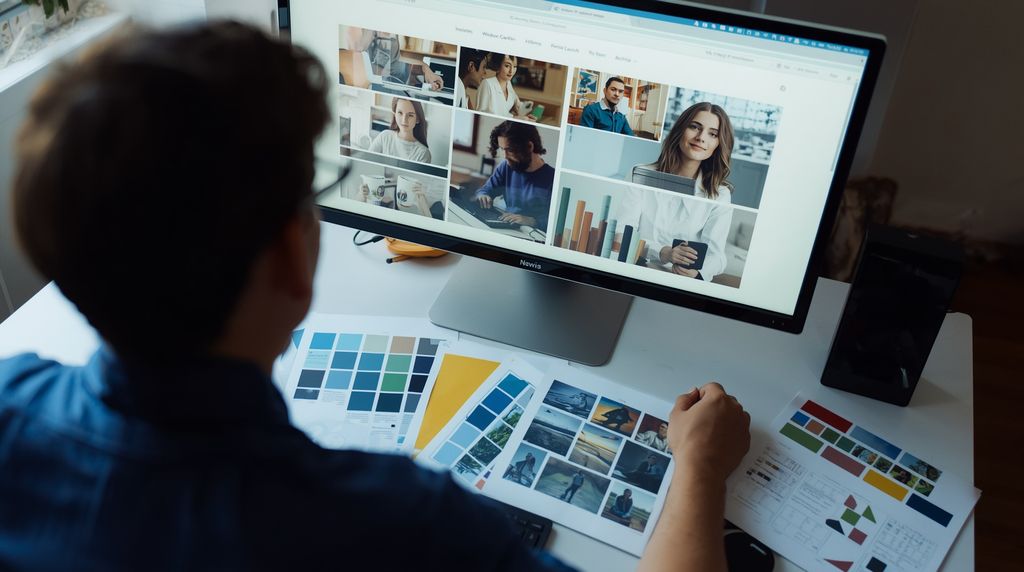 A designer works at a large monitor showing a website layout, with colour swatches on the desk.